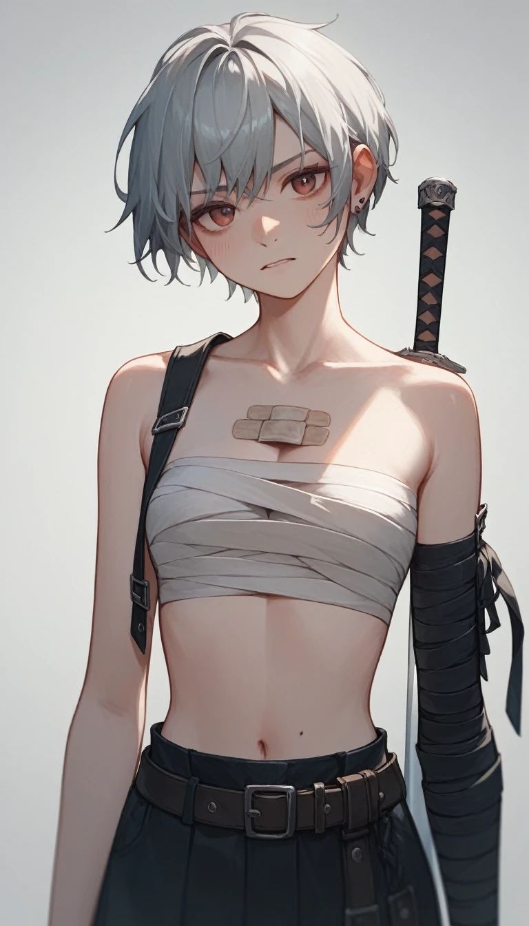 (I'm holding a sword/Novi)、Silver short hair、assassin、((Bandage on chest)((Black spats))