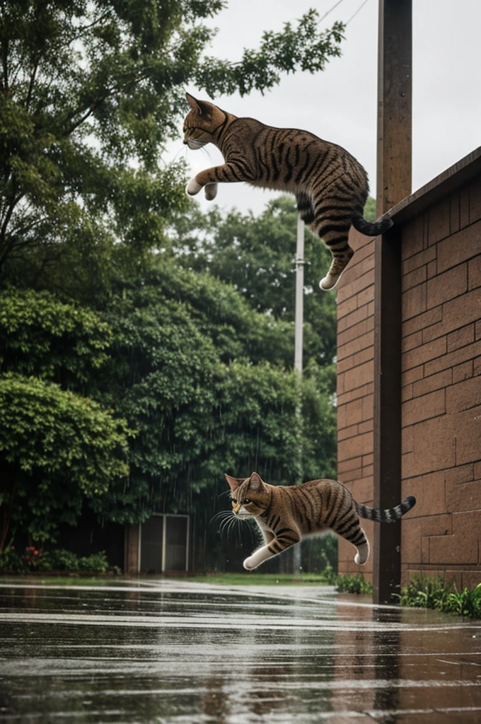 Cat jumping in rain 