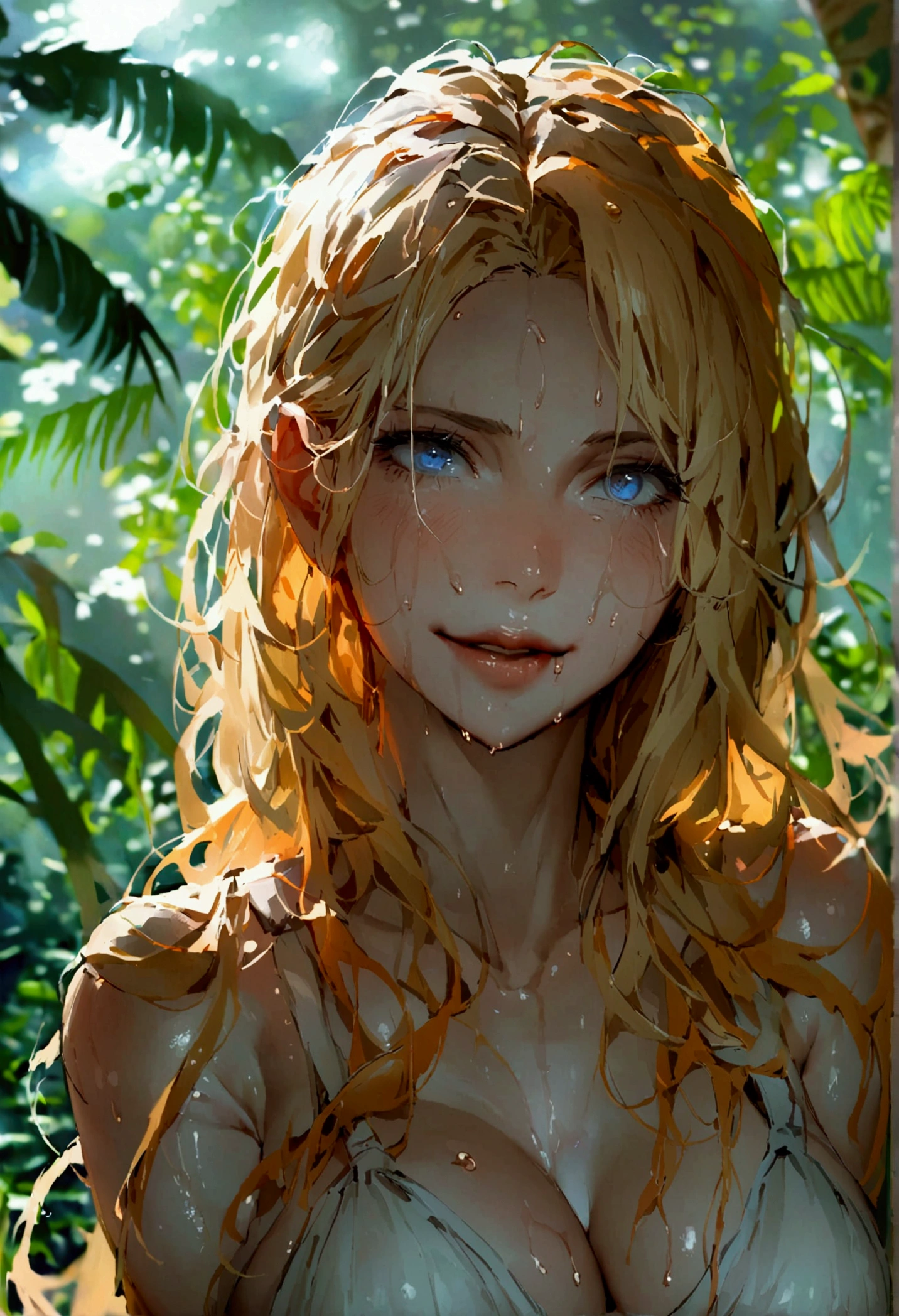 (masterpiece:1.3), (8k, Realistic, RAW Photos, highest quality: 1.4), (High definition), Realistic eyes, Beautiful fine details, (Realistic Skin), Beautiful Skin, Absurd, Charm, Ultra-high resolution, Ultra-realistic, Very detailed, Cinematic, (Complex:1.3), Best Shadow, Side lighting, ((Accurate hand and finger depiction)), Golden Ratio, (Blonde woman with cat ears), (tall, Blonde cat ears, Long Hair, Voluminous hair set), Large Breasts, Narrow waist, Big Ass, glamorous, Alluring, ((Completely naked)), ((Masturbating in a hot spring)), NSFW, ((masturbation:1.1)), ((Touching the vaginal opening)), (real vagina), Wet Hair, (Sweat), (Flushing), ((Frowning)), (in the forest:1.3), (steam:1.1), ((wood々A rock bath hot spring surrounded by plants))