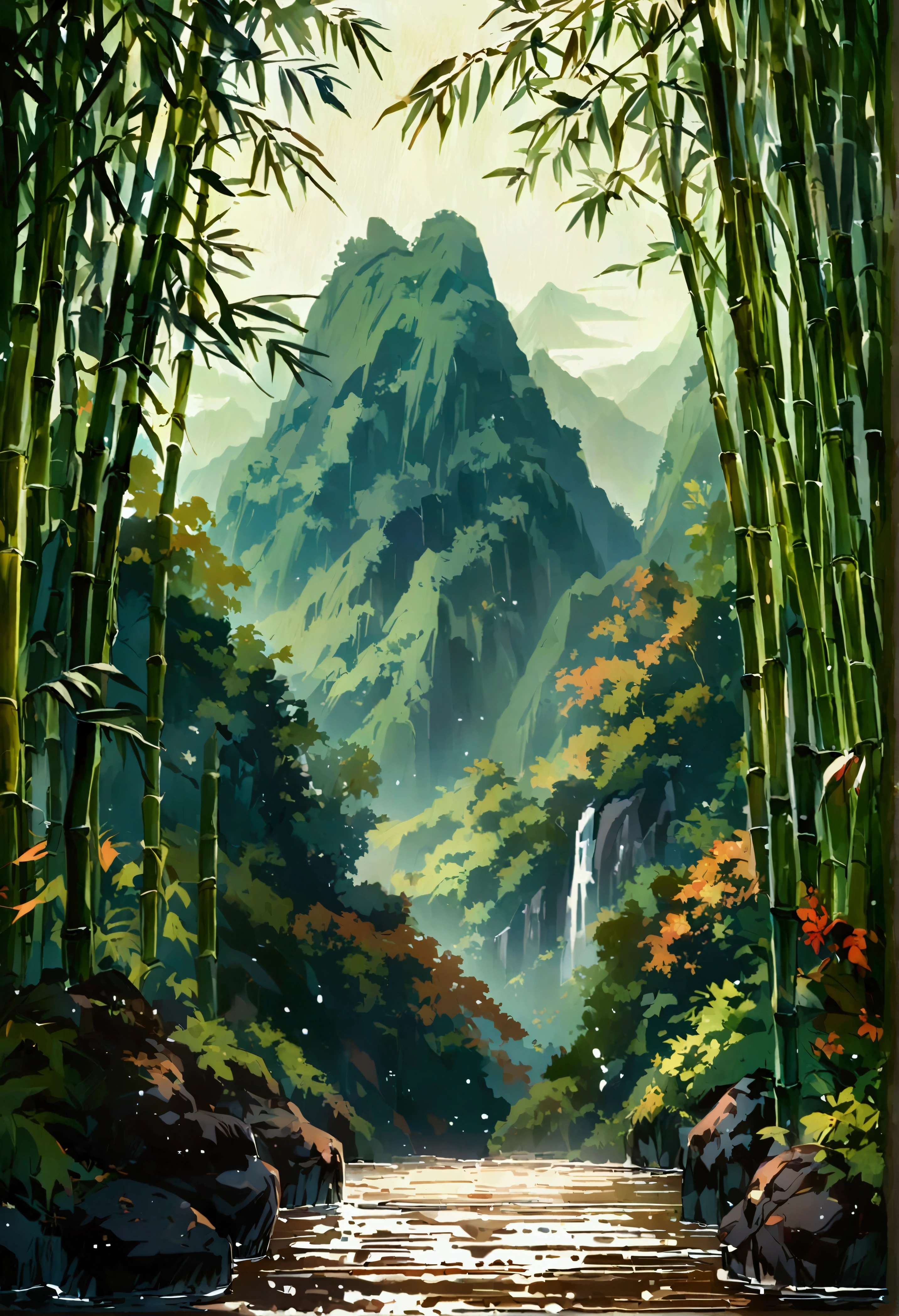 bamboo forest，Mountains，Rich colors，Illustration style