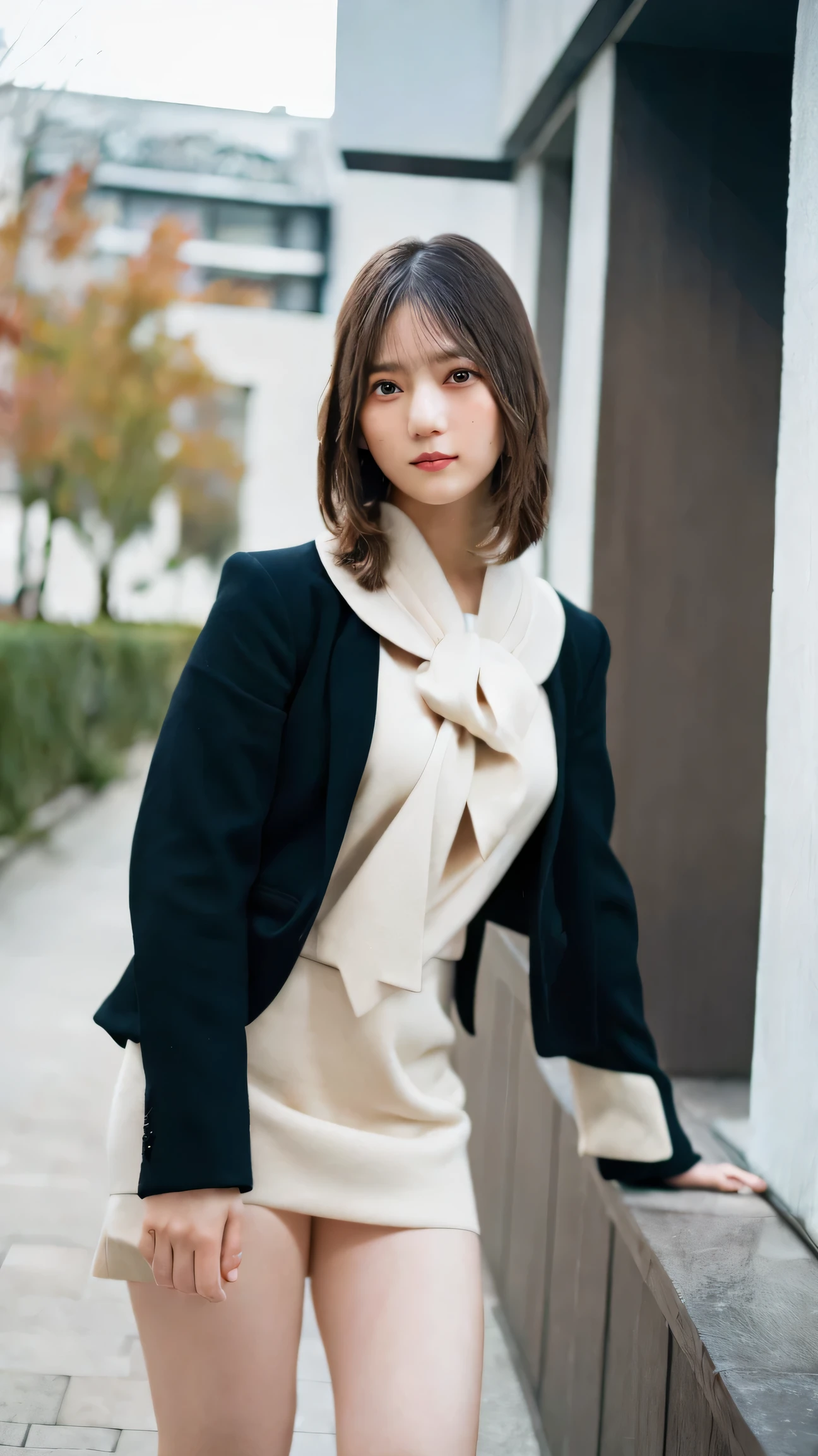 ((Highest quality,4K,High resolution,masterpiece:1.2)),((Character Concept Art)), 1 female, Improve her overall look. ((Exquisite detail)), Very finely crafted fingers(((10 fingers))), (Standing still with confidence), (Full-body showcase), (Show your whole body), ,Jacket, Skinny Bottoms, Scenery of the city, Blonde Short Hair, (Human finger length).