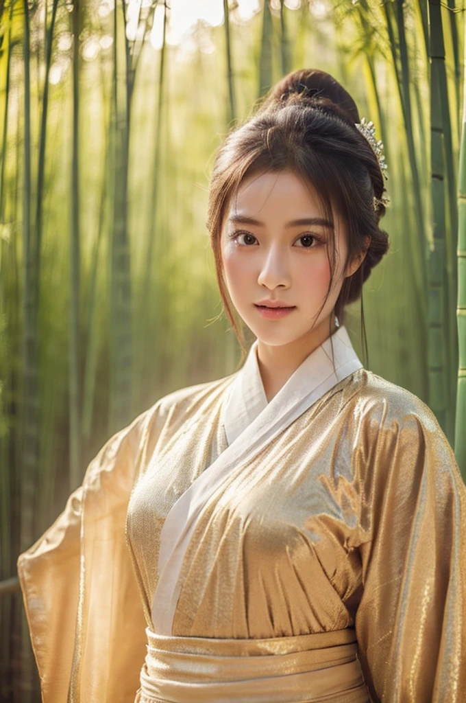 best quality, 8k, very delicate and beautiful, highly detailed face and skin texture, shiny skin, high resolution, beautiful chinese girl in chinese traditional costume stand at bamboo forest, grab a sword, sharp focus