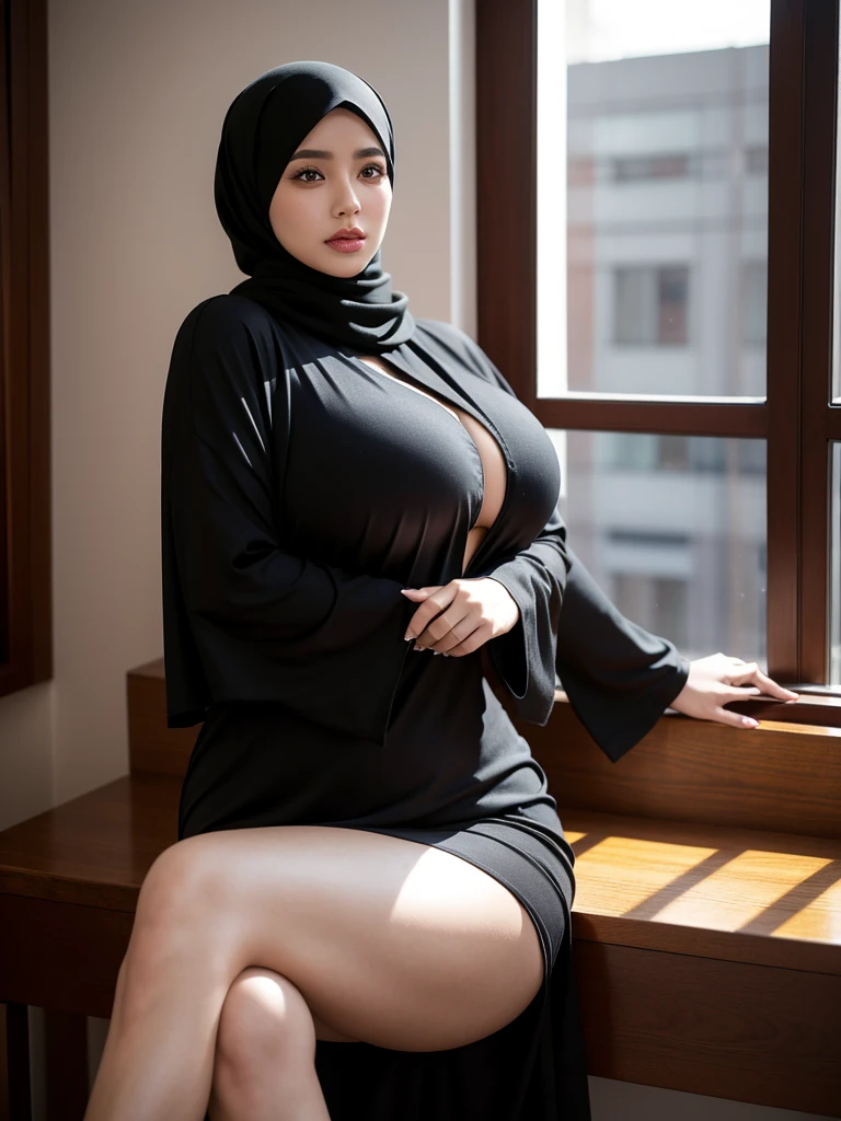 4K, high quality, nice lighting, soft lighting, realistic, dark eyes, sexy, big breasts, thighs, wide hips, muscular, Jewelry, sexy lady, asian, grey hijab, long scarf Hijab, sexy pose, showing big thighs, nice big body, mature body, natural largest breast, in Office, daylight, Malaysia hijab, big Breast covered with hijab, wearing fit black abaya