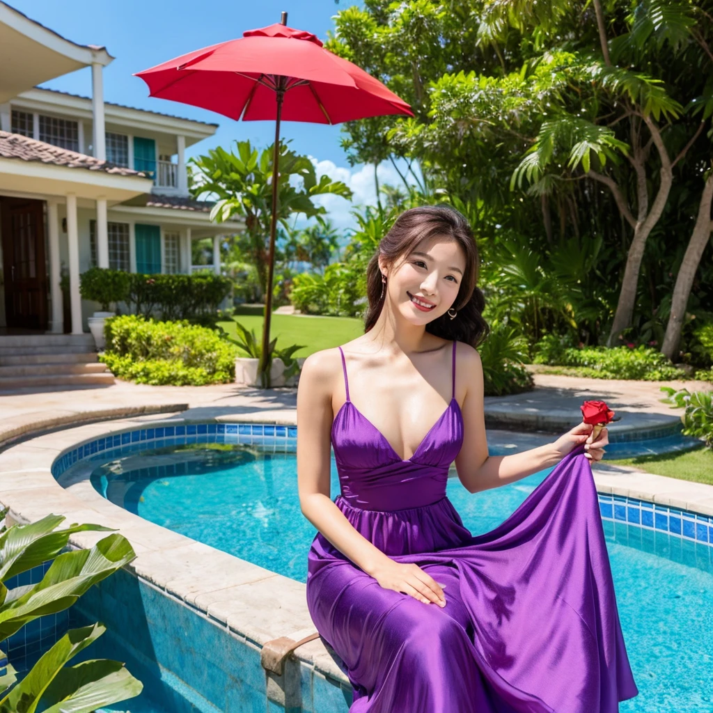 Wearing a purple dress、A woman enjoying vacation at a tropical resort。With a red rose in my hand。