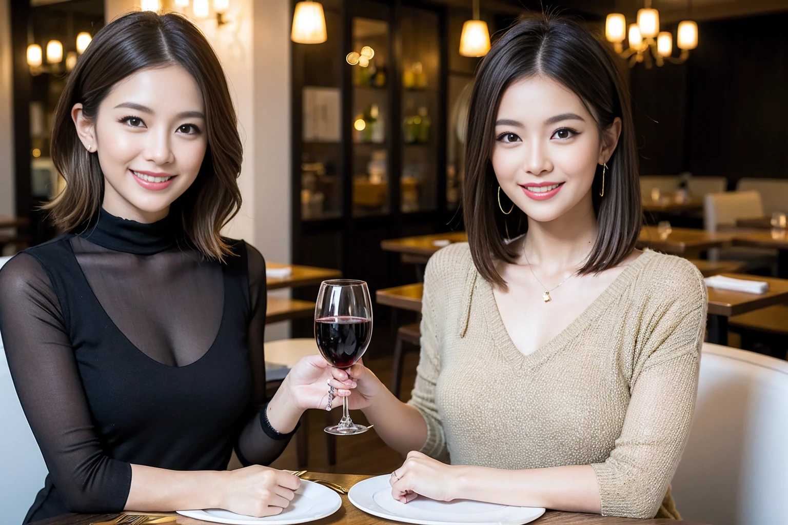 ((Highest quality、8K、masterpiece:1.3))、cute、slimカップル、modelカップル、actress男優、(Realistic, Intricate details:1.2), full-course dinner、Wine Party、Amazing view of the sunset sky and clouds、A bright smile、short hair,Bright Face、 (Age 44), Age 42, red wine 、Appetizers、Italian food、Wine bottle、Champagne、sparkling wine、Two beauties、Brown Hair、Shortcuts、Long sleeve shirt、dress、Beautiful woman 1, (slimな顔), (The body is slim), (Brown Hair), (Shortcuts), cheeks turn a little red,Attractive beauty、restaurant, In a prominent place (From the waist up) Nova Frog Style, actress, model, Upper Body, White wine, slim, wine glass, 中央に置かれたwine glass, smile, (smile: 1.15), Beautiful fine grain, Depth f/2,saturation, High Contrast, Strong light and shadow,Moist Body:1.5、3D texture、Delicate eyes、Brown Hair、The hair is very shiny、