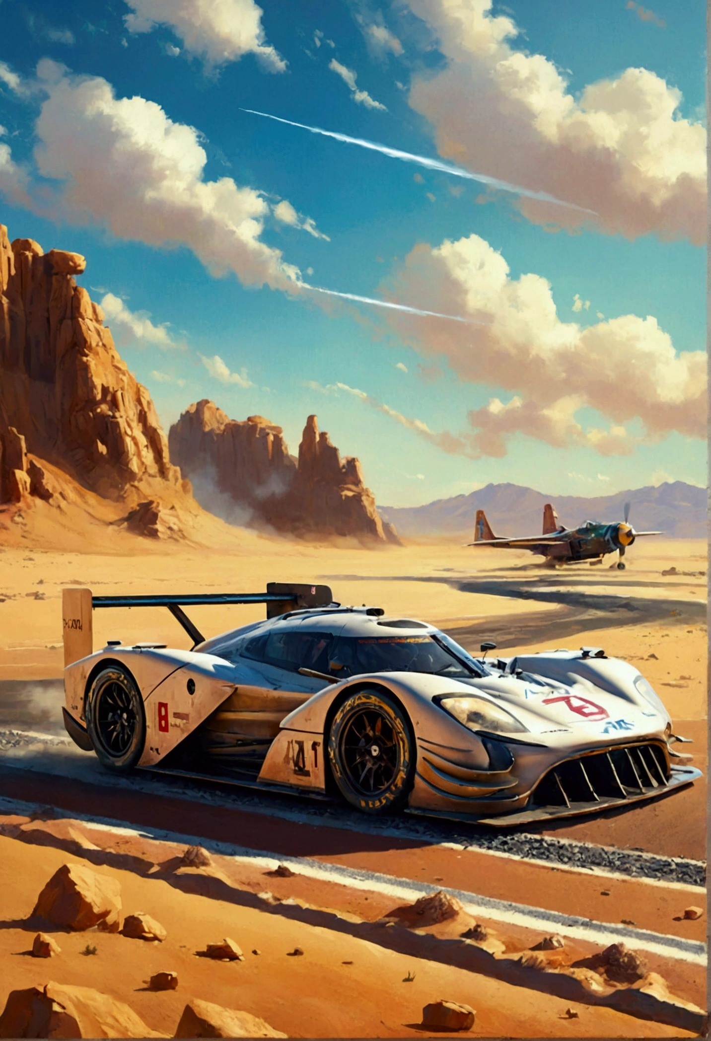 a racing prototype car with desert princess written on the side, a painting of a desert princess, military airfield, highly detailed, photorealistic, 8k, hyper detailed, cinematic lighting, dramatic sky, volumetric fog, epic, intricate details, award winning, masterpiece, studio quality, sharp focus, physically based rendering, extreme detail description, professional, vivid colors, dramatic lighting, atmospheric, gritty, military precision, seamless, stunning visual effects