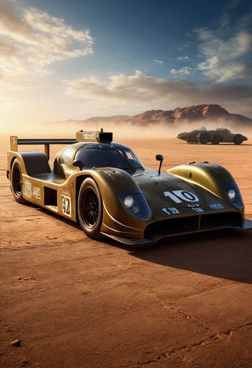 a racing prototype car with desert princess written on the side, a painting of a desert princess, military airfield, highly detailed, photorealistic, 8k, hyper detailed, cinematic lighting, dramatic sky, volumetric fog, epic, intricate details, award winning, masterpiece, studio quality, sharp focus, physically based rendering, extreme detail description, professional, vivid colors, dramatic lighting, atmospheric, gritty, military precision, seamless, stunning visual effects