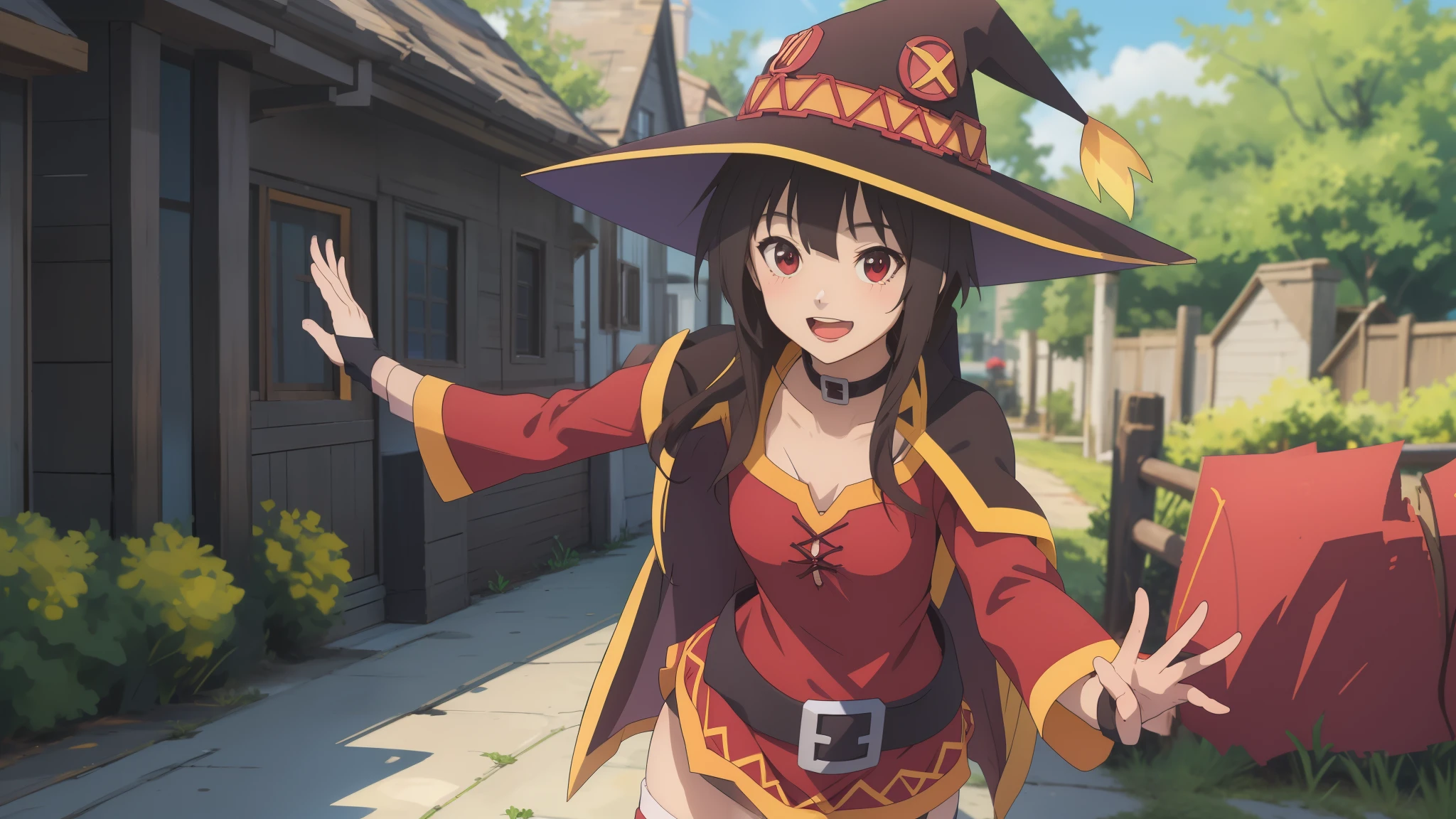 Skinny nymf Megumin
Meisterwerk, best quality, fanart, drawing, digital drawing, Megumin Megumin, the main character of the anime "Konosuba", stands in a characteristic pose, dressed in her usual outfit. She looks straight at the viewer, her eyes wide and full of joy. Megumi smiles radiantly, showing her carelessness and friendliness. Her left arm is raised up and slightly bent at the elbow, palm turned forward. The right arm is lowered down and relaxed. The overall background of the image should be bright and colorful to emphasize the cheerfulness of the scene, Meisterwerk, best quality, fanart, drawing, digital drawing
