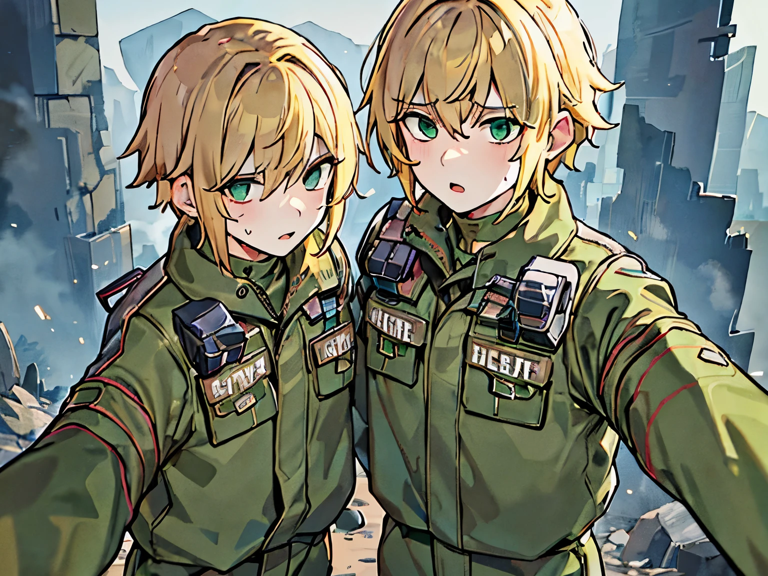 They are 12-year-old boys twins blondes with green eyes. One has an energetic and curious expression, dressed in rugged survival attire. Another one appears more serious and focused, also dressed in practical survival gear with a pragmatic touch. 