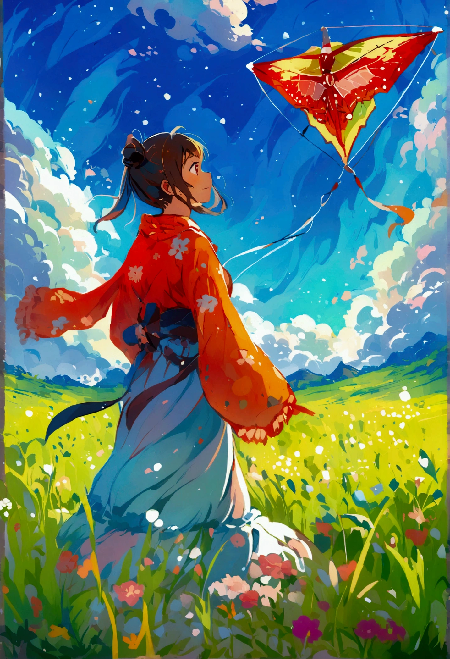 grassland,Kite,Rich colors,Illustration style