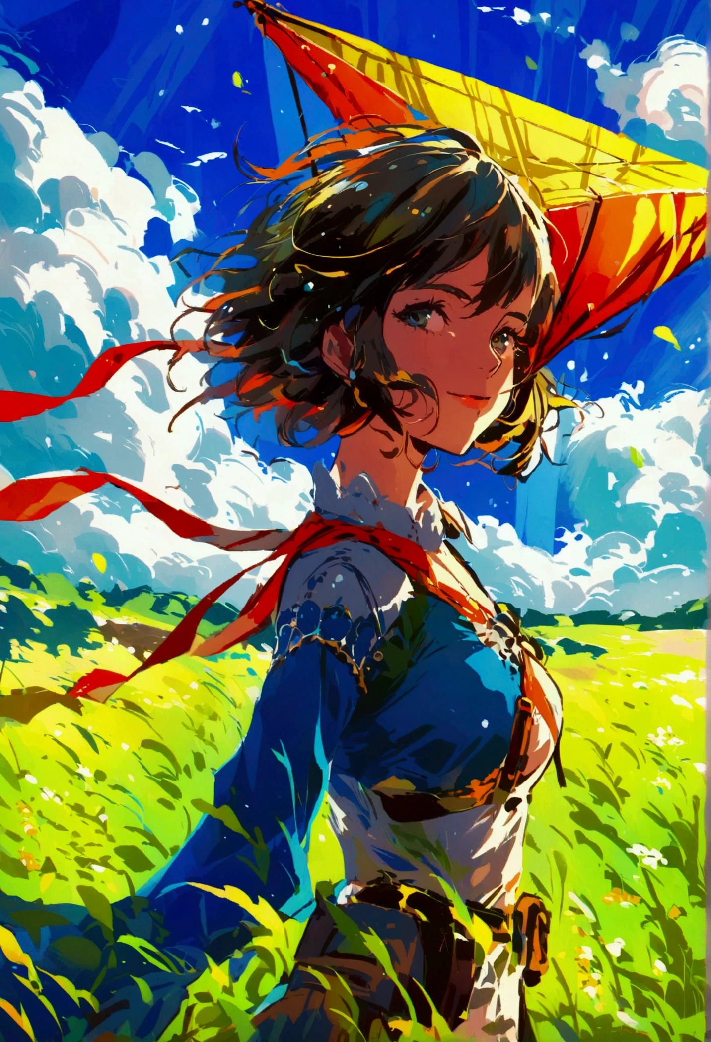 grassland,Kite,Rich colors,Illustration style