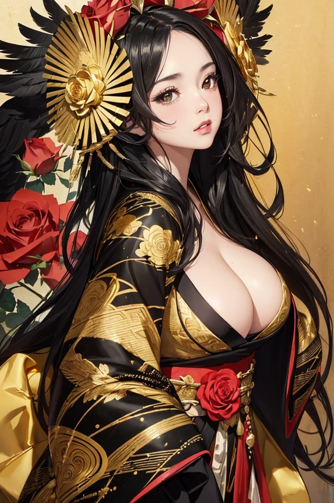 Staring straight ahead,Facing forward,front facing portrait((Highly detailed CG unit 8k wallpaper, masterpiece, High resolution, highest quality, highest qualityのリアルテクスチャスキン)), ((very beautiful woman, plump lips, Japanese pattern haori)), (messy black hair, white skin, small breasts), (( Colorful background with roses and feathers、Gold and black warm color)), hyper realistic, digital painting, concept art,black&Gold Kimono,Girl looking straight ahead,sexy,front facing body looking up,comprehensive