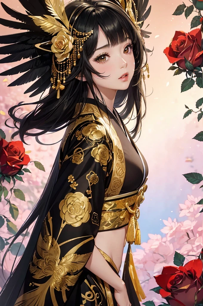Staring straight ahead,Facing forward,front facing portrait((Highly detailed CG unit 8k wallpaper, masterpiece, High resolution, highest quality, highest qualityのリアルテクスチャスキン)), ((very beautiful woman, plump lips, Japanese pattern haori)), (messy black hair, white skin, small breasts), (( Colorful background with roses and feathers、Gold and black warm color)), hyper realistic, digital painting, concept art,black&Gold Kimono,Girl looking straight ahead,sexy,front facing body looking up,comprehensive