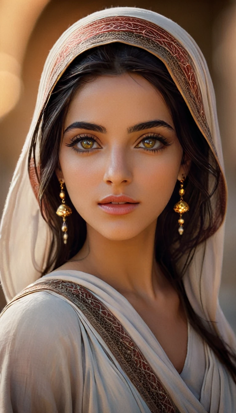 Desert princess, beautiful arabic young woman, modelo 3d de (ah, mulher) unreal engine 5 4k rendering volumetric lighting by greg rutkowski trends in artstation cgsociety rendered in cinema4D octane redshift blender cycles 8K 3HD photorealistic cinematic dramatic studio lighting highly detailed concept oil painting depth field blur soft focus shallow dof color scheme black and white contrast wide style realistic intricate portrait photography with canon closeup 50mm f2 camera.8 lentes ricas, cores vivas e vibrantes, High definition, filme colorido pastel, grain, fundo poligonal baixo, bokeh