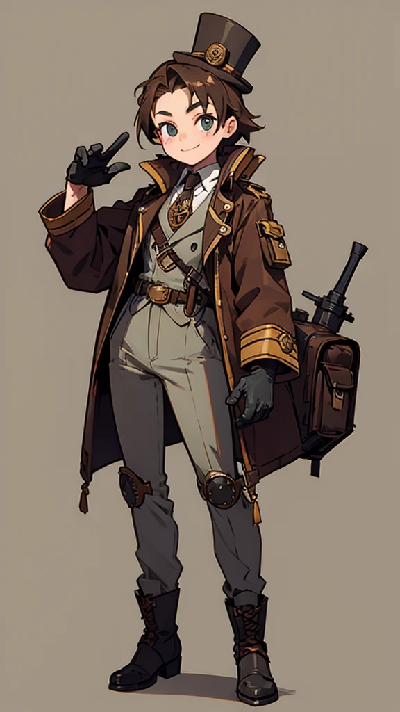 1.steampunk,,,Goggles on the forehead,A fake smile,gloves,whole body,boots,pants,hat
