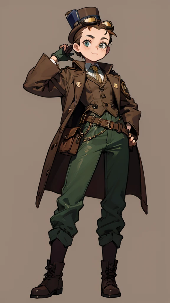 1.steampunk,15 years old,,Goggles on the forehead,A fake smile,gloves,whole body,boots,pants,hat
