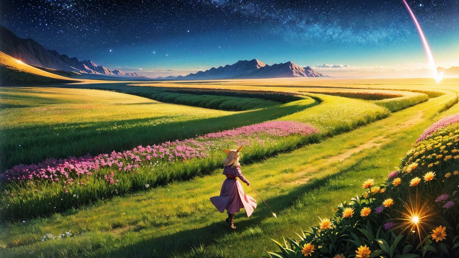 A 16:9 anime-style illustration depicting a female elf adventurer traveling through a fantastical grassland at night. The elf is dressed in elegant, fantasy attire, including a cloak and light armor, and is carrying a bow and quiver of arrows. She is walking along a path illuminated by the moon and stars, creating a magical glow. The grassland is filled with glowing flowers, fireflies, and distant mountains under the night sky. The atmosphere is serene and full of mystery, highlighting the elf's journey through the enchanting landscape.