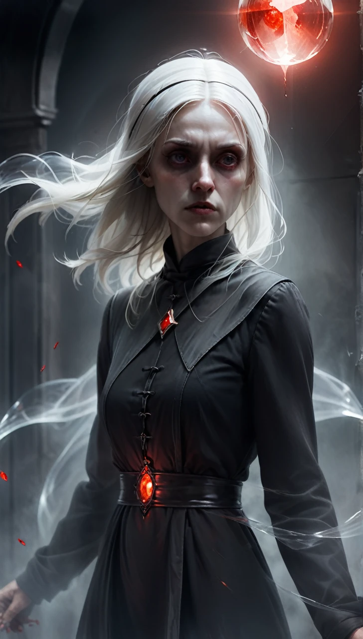 high resolution high quality Reality suspicious Nun In front of a round crystal Intimidation Upper Body Looming metallic Transparency Facing forward suspicious雰囲気 Dark atmosphere Upper Body Close-up of face Skinhead Bloodshot