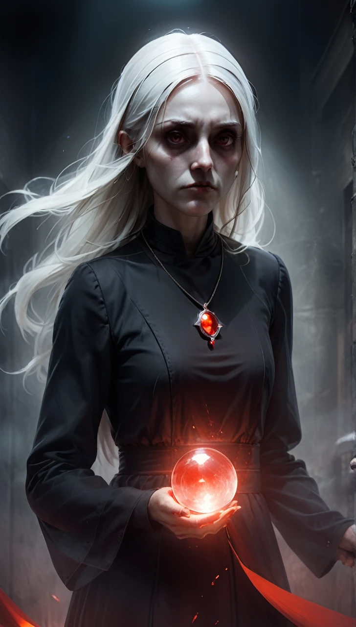 high resolution high quality Reality suspicious Nun In front of a round crystal Intimidation Upper Body Looming metallic Transparency Facing forward suspicious雰囲気 Dark atmosphere Upper Body Close-up of face Skinhead Bloodshot