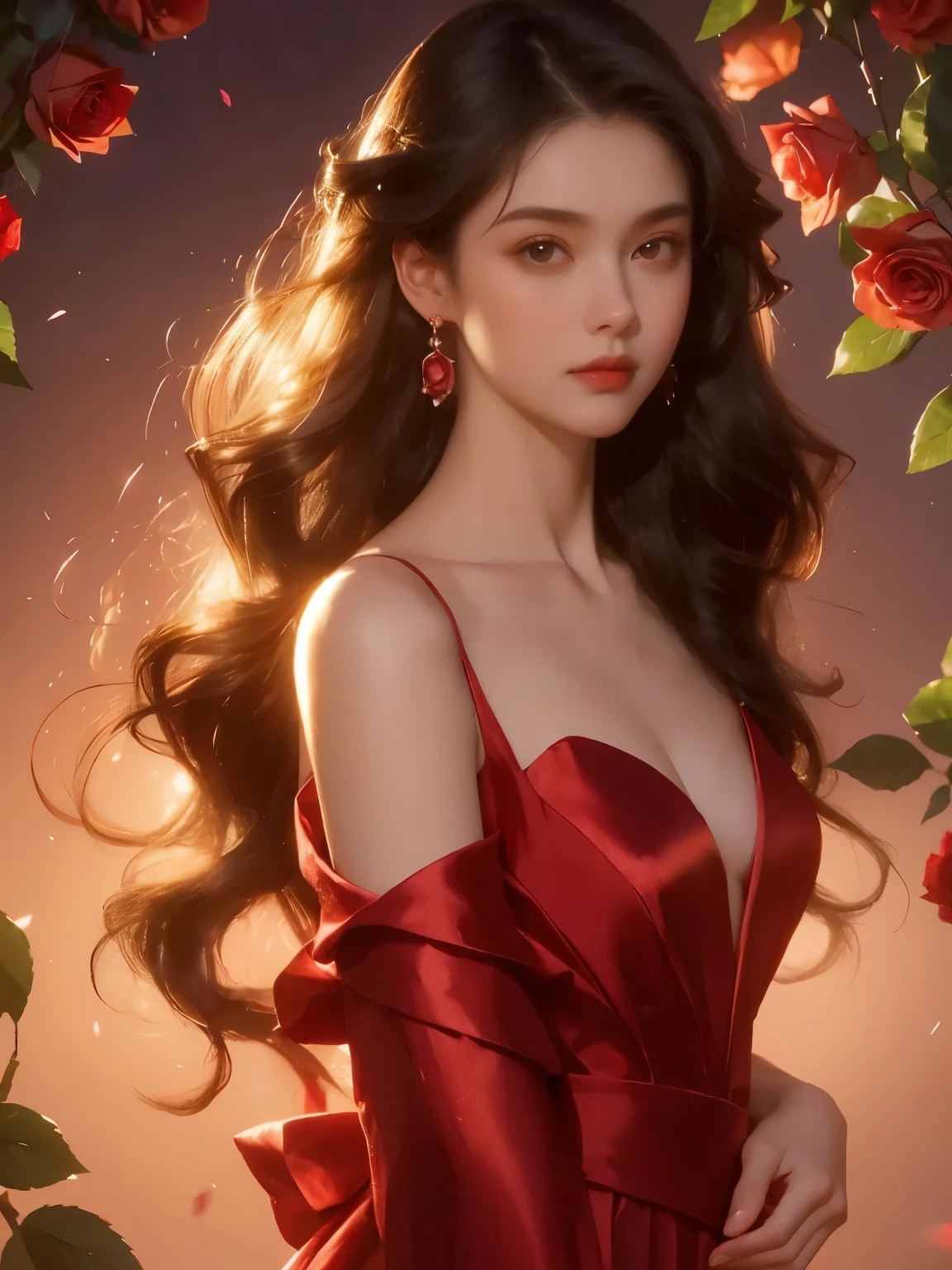 bust，A richly dressed woman stands sideways and looks towards the camera，22 years old，Slightly curly long hair，Red evening dress，Background is pink rose flowers from，Beautiful and delicate face