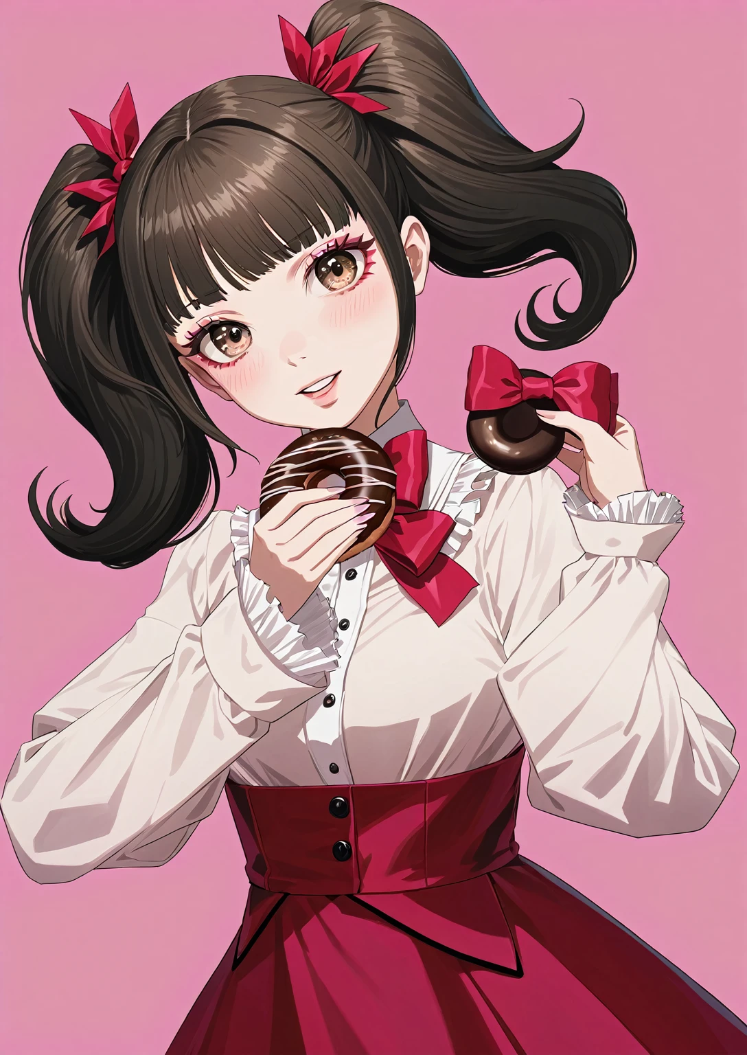 anime girl with a red bow tie holding a chocolate donut, akane owari danganronpa, chiaki nanami from danganronpa, , marin kitagawa fanart, kawaii realistic portrait, digital art from danganronpa, junko enoshima from danganronpa, juri misaki, cute anime girl, junko enoshima