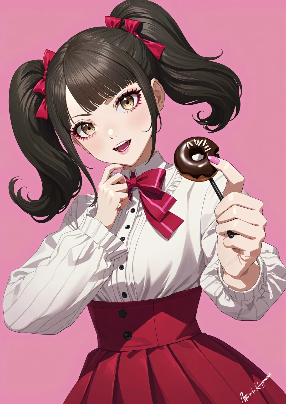 anime girl with a red bow tie holding a chocolate donut, akane owari danganronpa, chiaki nanami from danganronpa, , marin kitagawa fanart, kawaii realistic portrait, digital art from danganronpa, junko enoshima from danganronpa, juri misaki, cute anime girl, junko enoshima