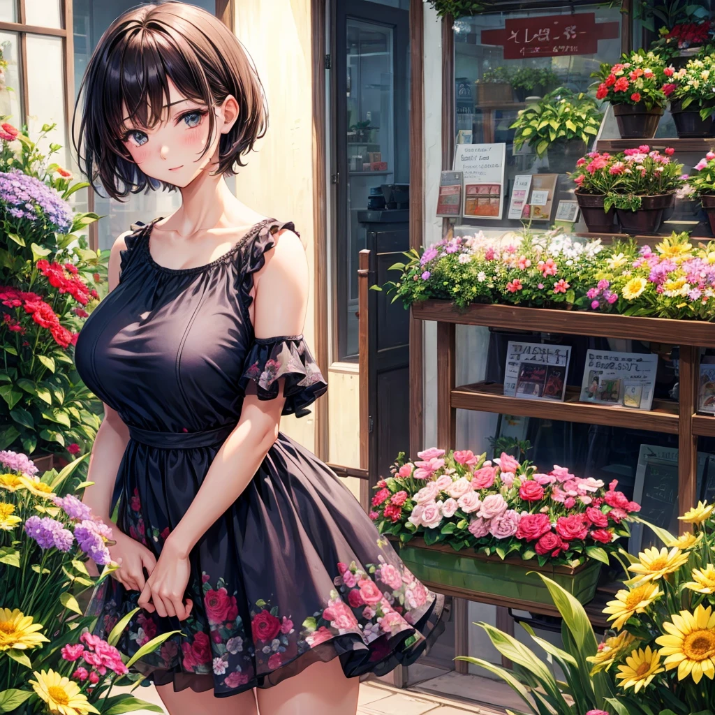 Cute girl, short hair , florist, floral dress, big breasts, shy, windy, flower shop, high quality, best quality