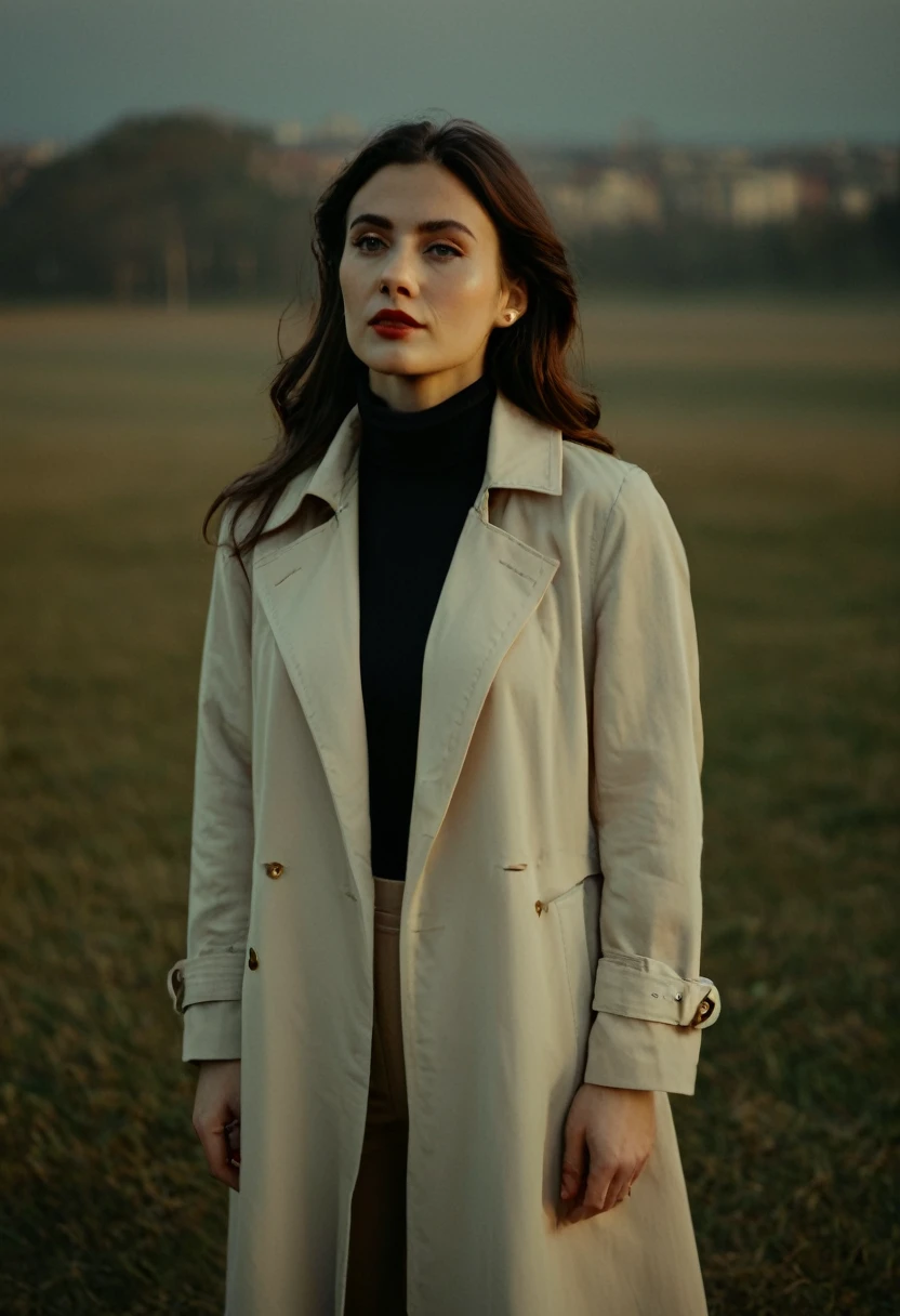 color digital photograph of María Jiménez a beautiful evil slavic woman dressed in closed clothes, pale skin, long wavy dark golden hair, (a beige trench coat), (a black turtleneck sweater), (khaki trousers), (brown ankle boots), (pearl earrings), (red lipstick), (sleek ponytail) and Stiletto heel shot on Kodak PIXPRO AZ401 16MP Digital Camera by Helen Levitt, 26 years old, brunette Bouffant hair, dark brown eyes eyes, (Statuesque, Regal, Majestic), promoting body positivity, tiny breasts, feeling Sociable, in the evening,full body, masterpiece, natural lighting, (outdoor setting:1.2), warm tones, side lighting, natural skin details, 4k, UHD, masterpiece, detailed eyes, detailed face, detailed skin, perfect hands, perfect feets, photo, high skin detail, moles, imperfect skin, ultra realism, RAW photo, subsurface scattering