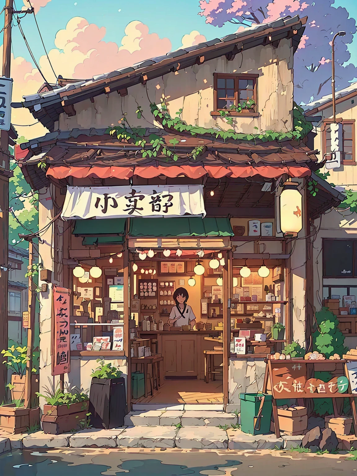 Anime style illustration of a small Japanese restaurant,There is a sign on iays "Live a Wonderful Life", Anime Background art, High-detail storage, Cozy cafe background, Detailed scenery —width 672, commend artstyle, commend, Anime Background, Makoto Shinkai's style, in Makoto Shinkai's style, Convenience store, mysterious coffee shop girl, author:Yang J