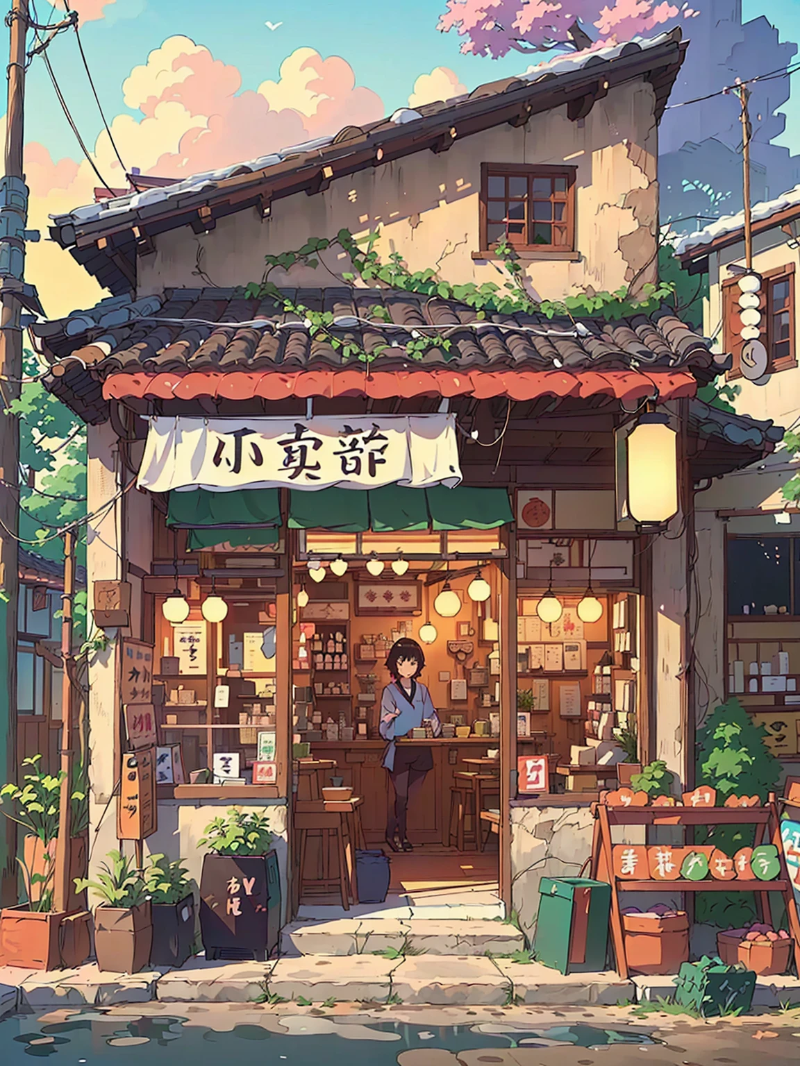 Anime style illustration of a small Japanese restaurant,There is a sign on iays "Live a Wonderful Life", Anime Background art, High-detail storage, Cozy cafe background, Detailed scenery —width 672, commend artstyle, commend, Anime Background, Makoto Shinkai's style, in Makoto Shinkai's style, Convenience store, mysterious coffee shop girl, author:Yang J