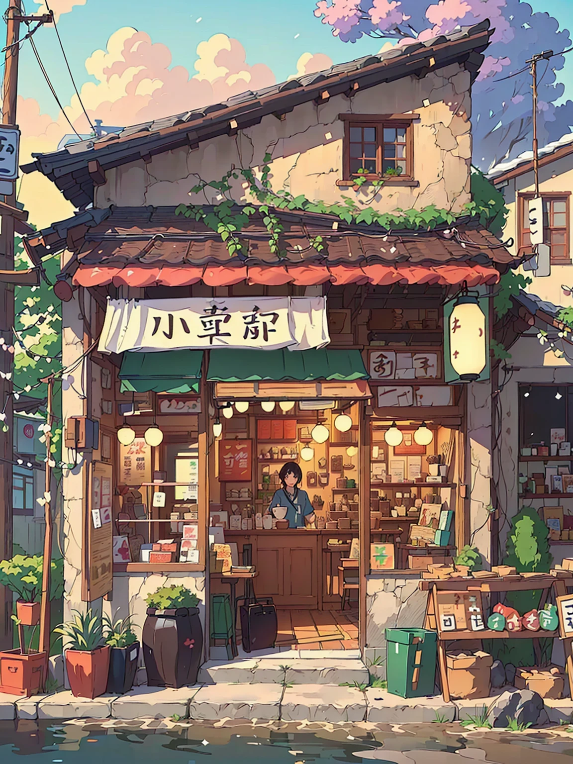 Anime style illustration of a small Japanese restaurant,There is a sign on iays "Live a Wonderful Life", Anime Background art, High-detail storage, Cozy cafe background, Detailed scenery —width 672, commend artstyle, commend, Anime Background, Makoto Shinkai's style, in Makoto Shinkai's style, Convenience store, mysterious coffee shop girl, author:Yang J