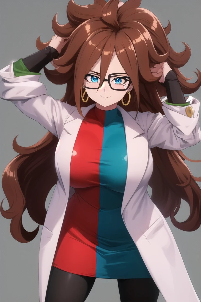 android21, 1girl, solo, blue eyes, brown hair, long hair, curly hair, hair between eyes, jewelry, hoop earrings, glasses,
checkered dress, two-tone dress, multicolored dress, tight dress, turtleneck, black pantyhose, labcoat, long sleeves,
smile,closed mouth,cowboy shot, laboratory background, blushing, Big breasts, bent over, thick legs, standing, arms up, nipples visible
(insanely detailed, beautiful detailed face, masterpiece, best quality) cinematic lighting,