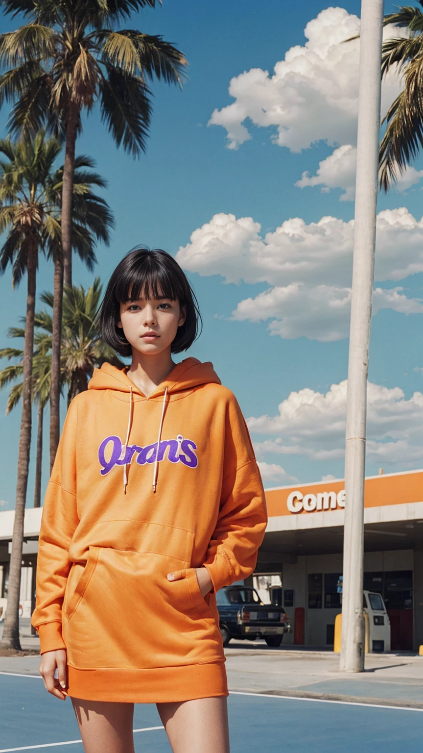 long shot portrait of cute 23 yo girl ,wear ((orange color oversized_hoodie)), wear ((purple tennis skirt)),looking front,Best Quality,Masterpiece,Ultra High Resolution,(Realisticity:1.4),Original Photo, 1Girl, light leak,ultra high resolution,UHD,beautiful, (black bob hair), almond eye, no makeup, in front of ((80's abandon gas station)), (realistic:1.2), (surreal:1.3), (very detailed:1.1), ((masterpiece)),summer, blue sky, palm trees,sunny, los angles vibes,film camera, 800mm lens,style of Philip Lorca diCorcia