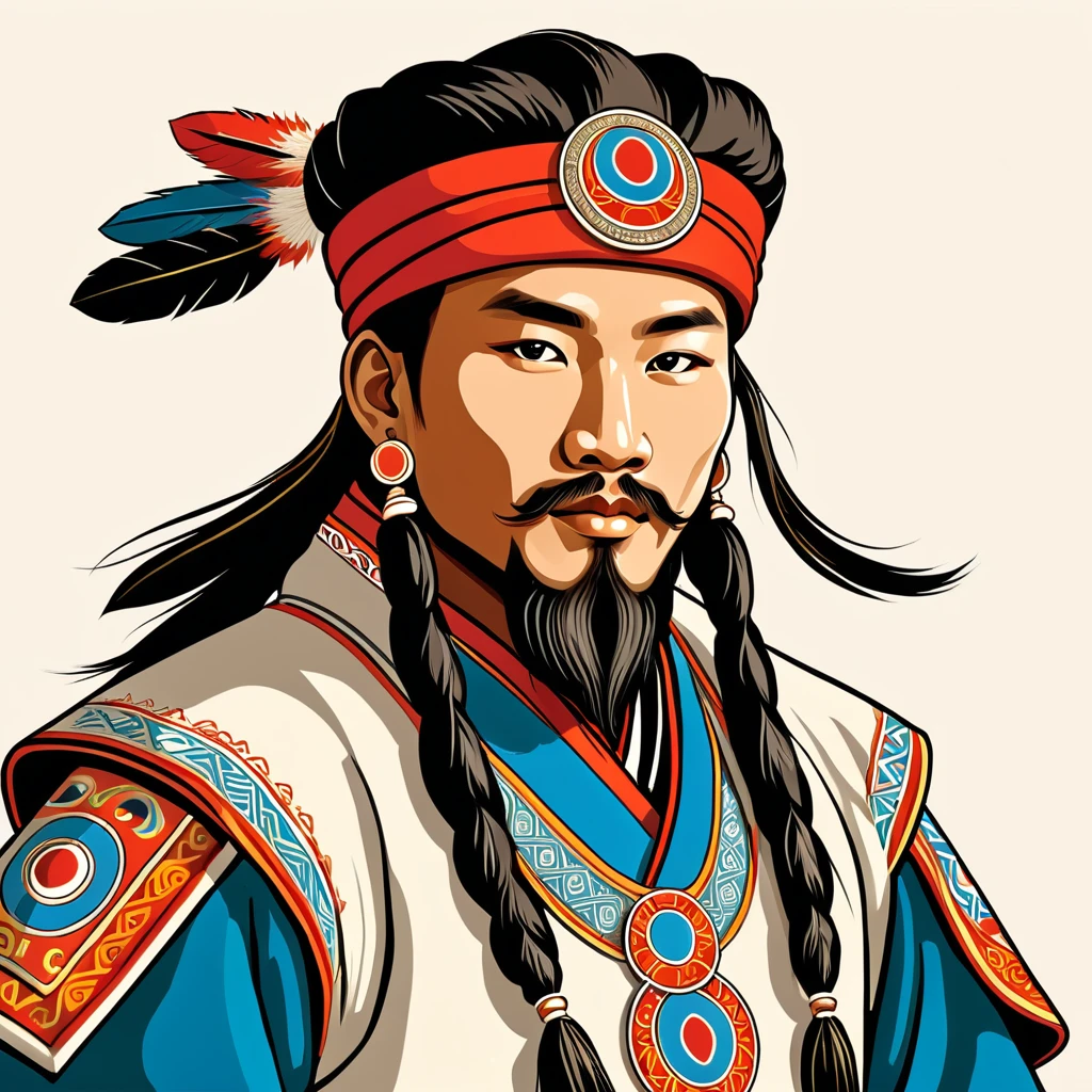 man in native mongolian folk outfit, vector graphics, strong contours