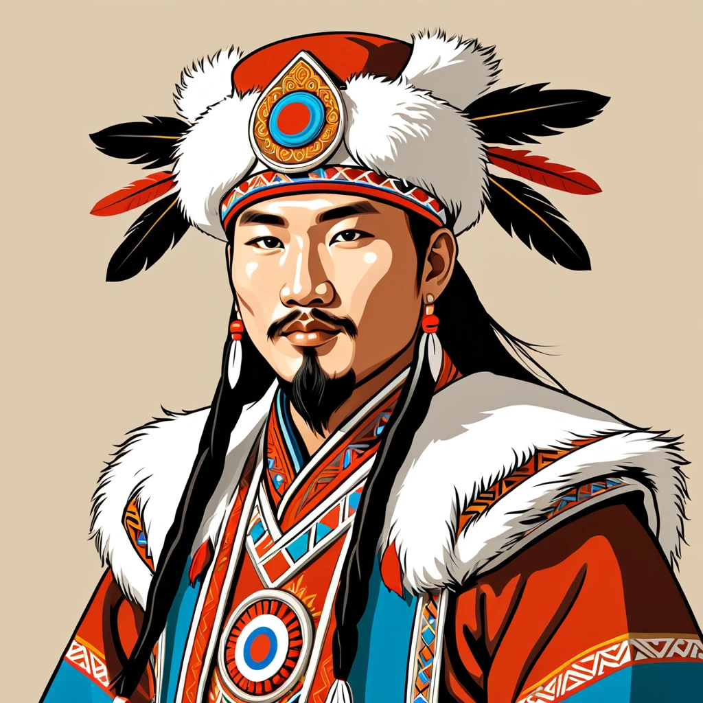 man in native mongolian folk outfit, vector graphics, strong contours