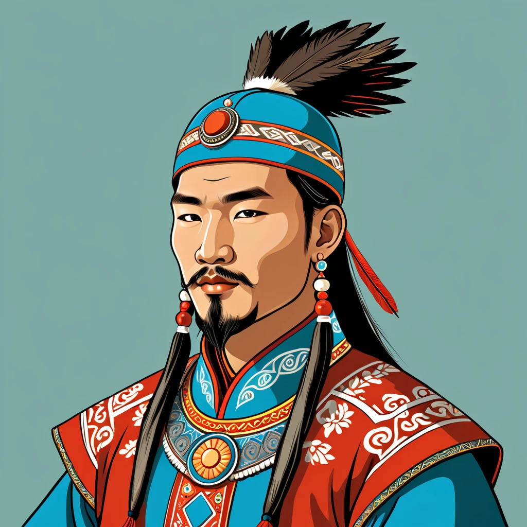man in native mongolian folk outfit, vector graphics, strong contours