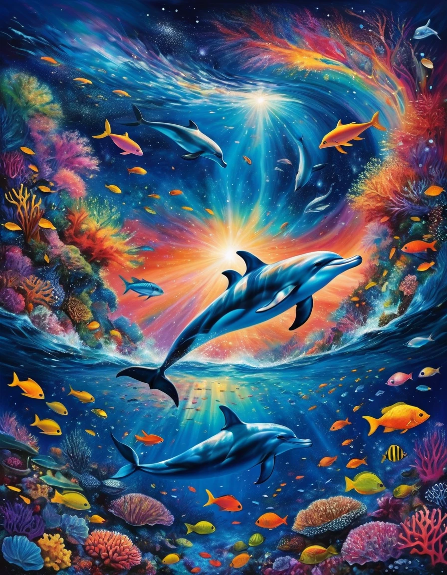 The image depicts a fairytale underwater scene where dazzling coral reefs mingle with a myriad of shimmering fish. A woman swims apnea amidst this vibrant ecosystem, surrounded by a symphony of colors and aquatic life. Above the surface, a huge, enigmatic eye emerges from swirling cosmic waves, creating a striking contrast. A majestic dolphin leaps through the starry air, where the night sky merges with the ocean, dotted with glittering galaxies. The whole scene is bathed in an atmosphere of dreams and magic, where every element evokes a fantastic and wonderful universe, full of mystery and wonder.