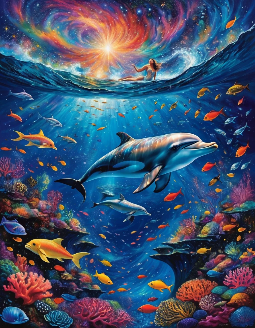 The image depicts a fairytale underwater scene where dazzling coral reefs mingle with a myriad of shimmering fish. A woman swims apnea amidst this vibrant ecosystem, surrounded by a symphony of colors and aquatic life. Above the surface, a huge, enigmatic eye emerges from swirling cosmic waves, creating a striking contrast. A majestic dolphin leaps through the starry air, where the night sky merges with the ocean, dotted with glittering galaxies. The whole scene is bathed in an atmosphere of dreams and magic, where every element evokes a fantastic and wonderful universe, full of mystery and wonder.