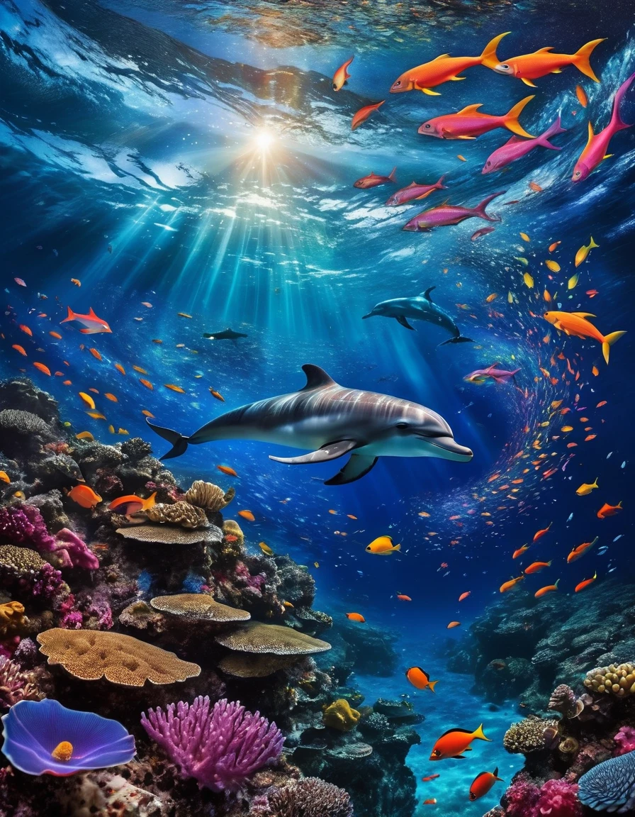 The image depicts a fairytale underwater scene where dazzling coral reefs mingle with a myriad of shimmering fish. A woman swims apnea amidst this vibrant ecosystem, surrounded by a symphony of colors and aquatic life. Above the surface, a huge, enigmatic eye emerges from swirling cosmic waves, creating a striking contrast. A majestic dolphin leaps through the starry air, where the night sky merges with the ocean, dotted with glittering galaxies. The whole scene is bathed in an atmosphere of dreams and magic, where every element evokes a fantastic and wonderful universe, full of mystery and wonder.