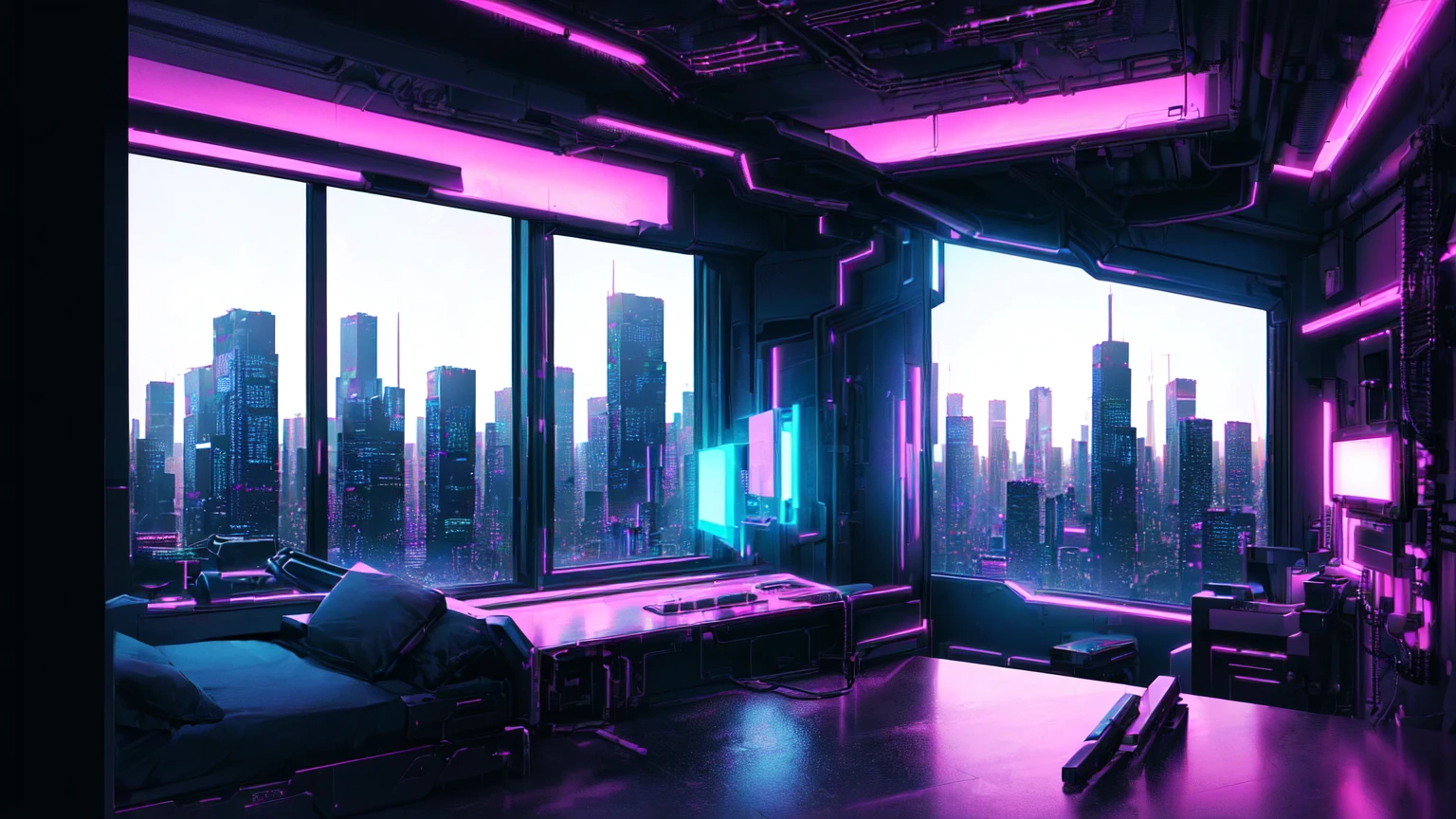 a room with a large window and a view of the city at night, in a cyberpunk themed room, the cyberpunk apartment, cyberpunk aesthetics, cyberpunk aesthetic, in cyberpunk aesthetic, cyberpunk atmosphere, cyberpunk environment, cyberpunk apartment, futuristic aesthetic, futuristic environment, cyberpunk teen bedroom, dreamy colorful cyberpunk colors, aesthetic cyberpunk, futuristic room, synthesized wave aesthetic, cyberpunk dreamscape, cyberpunk atmospheres