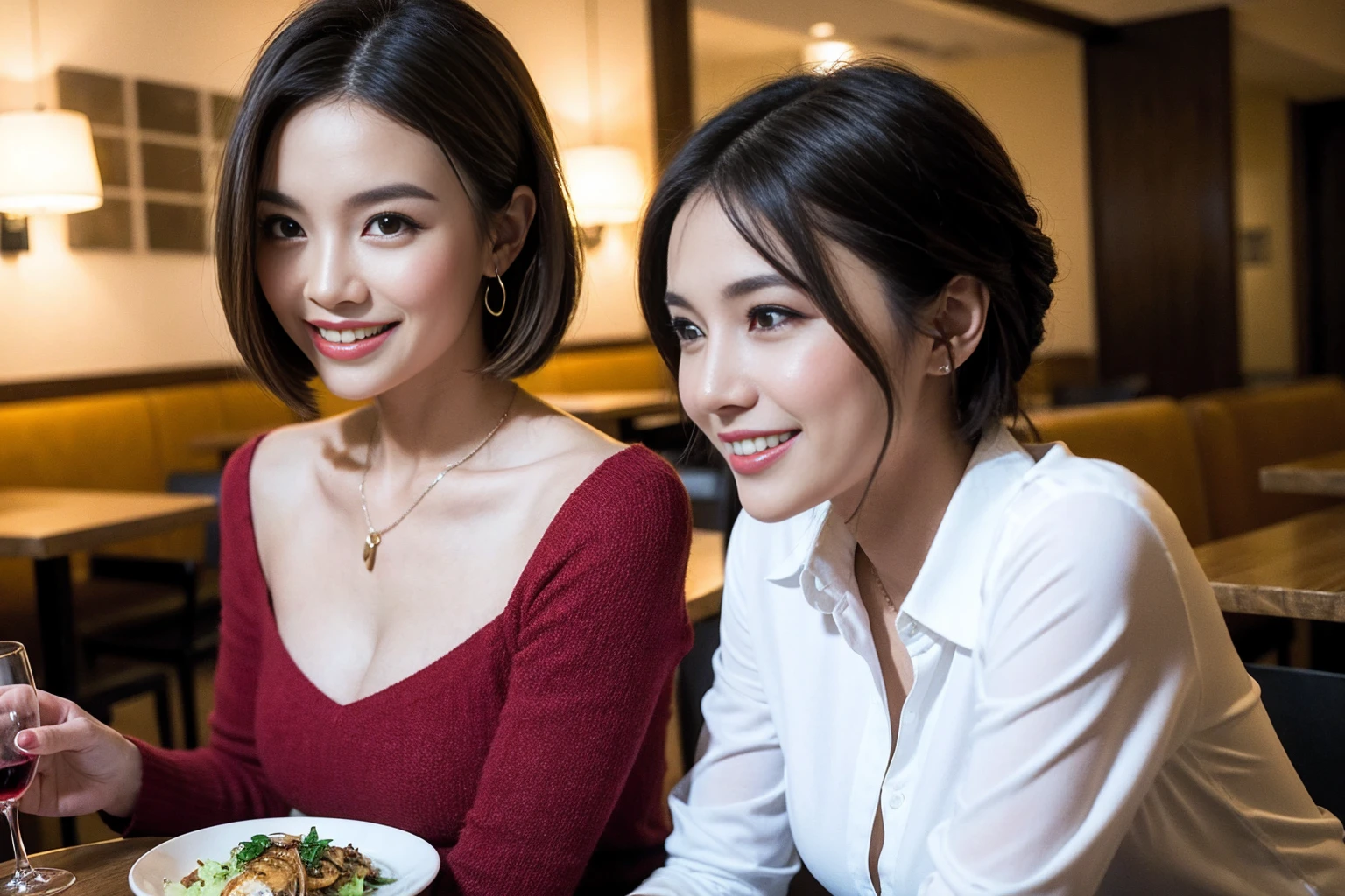 ((Highest quality、8K、masterpiece:1.3))、cute、slimカップル、modelカップル、actress男優、(Realistic, Intricate details:1.2), full-course dinner、Wine Party、Amazing view of the sunset sky and clouds、A bright smile、short hair,Bright Face、 (Age 45), 42 years old, red wine 、Appetizers、Italian food、Wine bottle、Champagne、sparkling wine、Two beauties、Brown Hair、Shortcuts、Long sleeve shirt、dress、Beautiful woman 1, (slimな顔), (The body is slim), (Brown Hair), (Shortcuts), cheeks turn a little red,Attractive beauty、restaurant, In a prominent place (From the waist up) Nova Frog Style, actress, model, Upper Body, White wine, slim, wine glass, 中央に置かれたwine glass, smile, (smile: 1.15), Beautiful fine grain, Depth f/2,saturation, High Contrast, Strong light and shadow,Moist Body:1.5、3D texture、Delicate eyes、Brown Hair、The hair is very shiny、