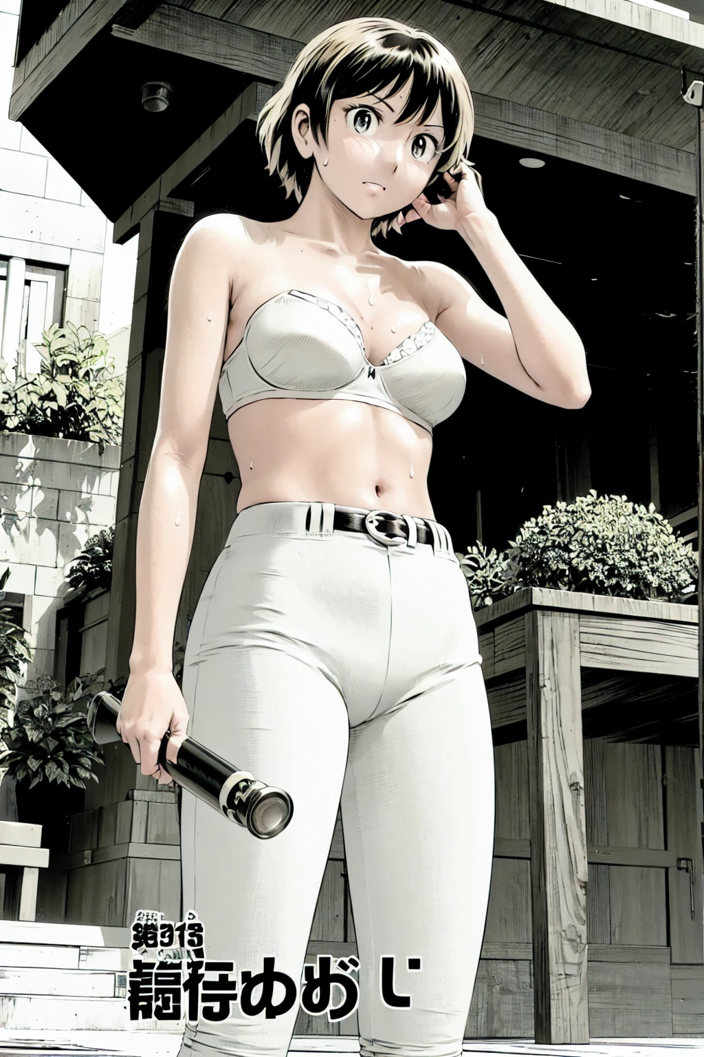 (Baseball uniforms:1.2),
blonde, (short hair:1.2),White trousers、Black belt、((Illustration of people))、Tube top bra、
View your viewers,, (Highest quality:1.3), White pants、Outdoor、baseball ground、ground、soil、blue eyeasterpiece、Highest quality)、Highest quality, Ultra-high resolution, (((masterpiece))), alone, Sweat、Big eyes、Large breasts、Torn clothes、 Fully exposed、Nipples、One Girl, Front view、Embarrassed face、Bronze colored hair、((short hair))、Stand up straight、Cowboy Shot