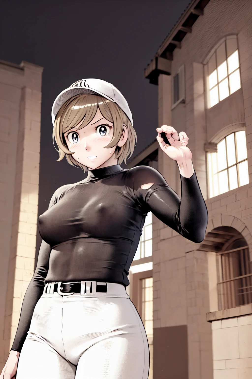(野球uniform:1.2),
blonde, (short hair:1.2),Long sleeve, Black Shirt, turtleneck,White trousers、uniform、Black belt、((Illustration of people))、big 、Covered in mud、Soil stains、ドロドロのuniform、Baseball Cap、
View your viewers,, (Highest quality:1.3),One Girl, White pants、uniform、Outdoor、baseball ground、ground、soil、blue eyes、Tight black shirt、(masterpiece、Highest quality)、Highest quality, Ultra-high resolution, (((masterpiece))), alone, Sweat、big eyes、big Breasts、Torn clothes、 Fully exposed、Nipples、One Girl, Front view、Embarrassed face、Bronze colored hair、((Baseball Cap、short hair))、Stand up straight、Cowboy Shot