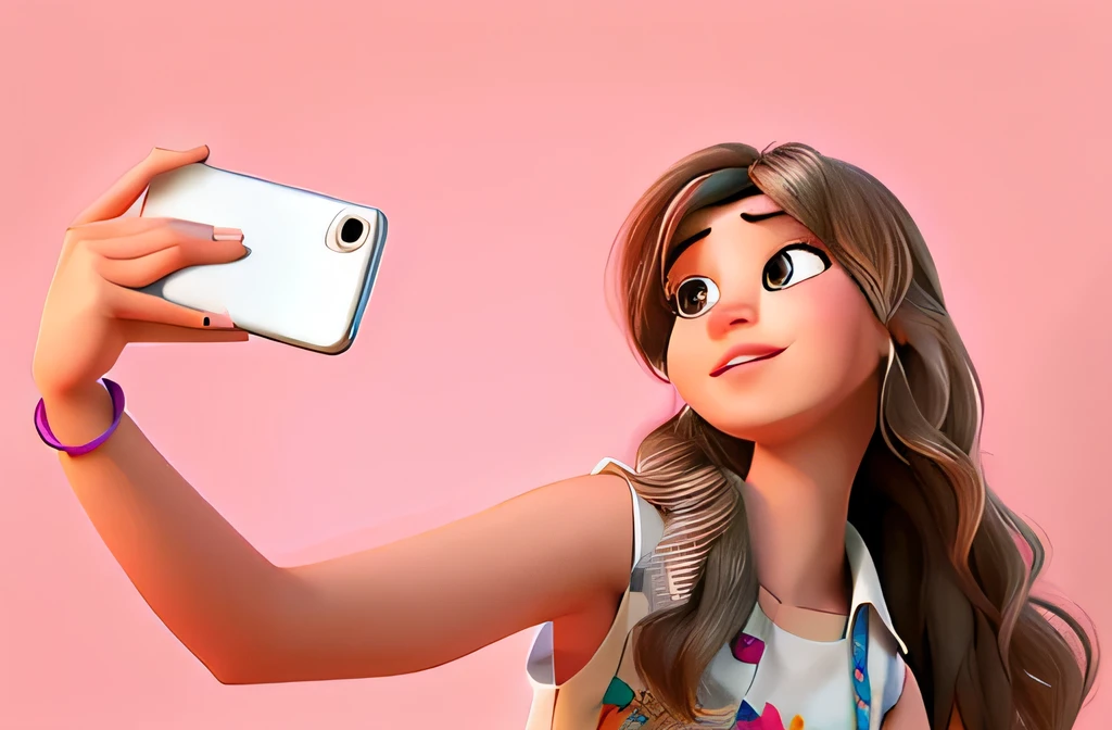 Disney pixar drawing style, Woman taking a selfie, sleeveless blouse, sleeveless arm.