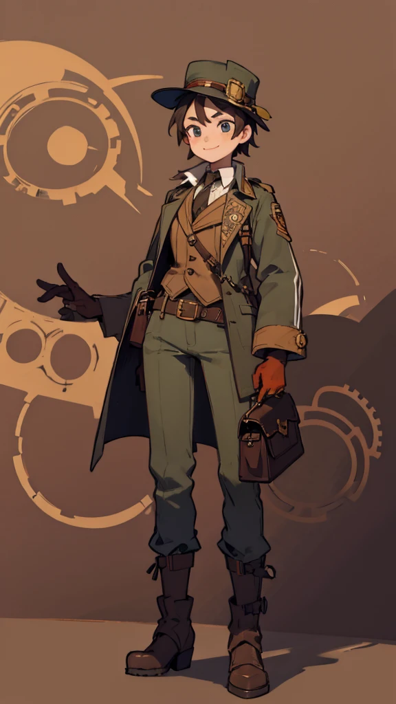 1.steampunk,15 years old,,Goggles on the forehead,A fake smile,gloves,whole body,boots,pants,hat