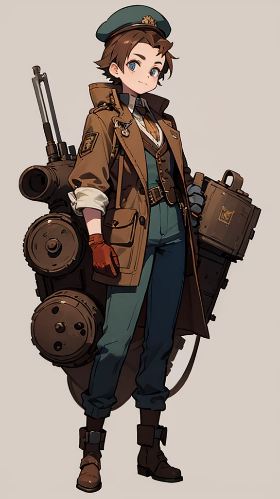 1.steampunk,15 years old,,Goggles on the forehead,A fake smile,gloves,whole body,boots,pants,hat