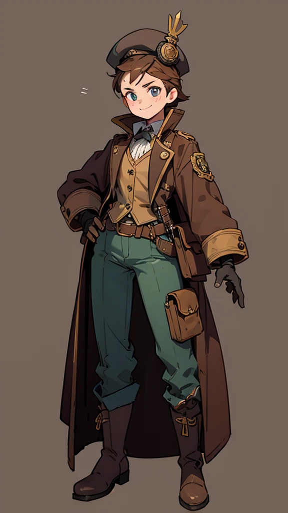 1.steampunk,15 years old,,Goggles on the forehead,A fake smile,gloves,whole body,boots,pants,hat

