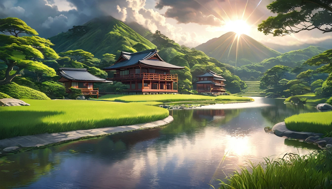 overcast sky, a single ray of sunlight peeking through the clouds, stunning landscape, anime style, (best quality,4k,8k,highres,masterpiece:1.2),ultra-detailed,(realistic,photorealistic,photo-realistic:1.37),vivid colors,dramatic lighting,radiant sunlight,dramatic clouds,lush greenery,rolling hills,serene pond,traditional japanese architecture,intricate details,warm color palette,soft focus,dreamlike,whimsical