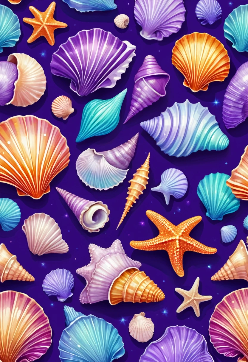 seamless pattern with sea shell and starfishs on a purple background, seashell, Summer color pattern, shell and barnacles, Ocean pattern, shell, conch shell, Seamless pattern design, wearing shell attire, Ultraviolet and neon colors, shell, rich and colorful illustration, shell, rich and colorful patterns, detailed, tropical sea creatures, ( rich and colorful )