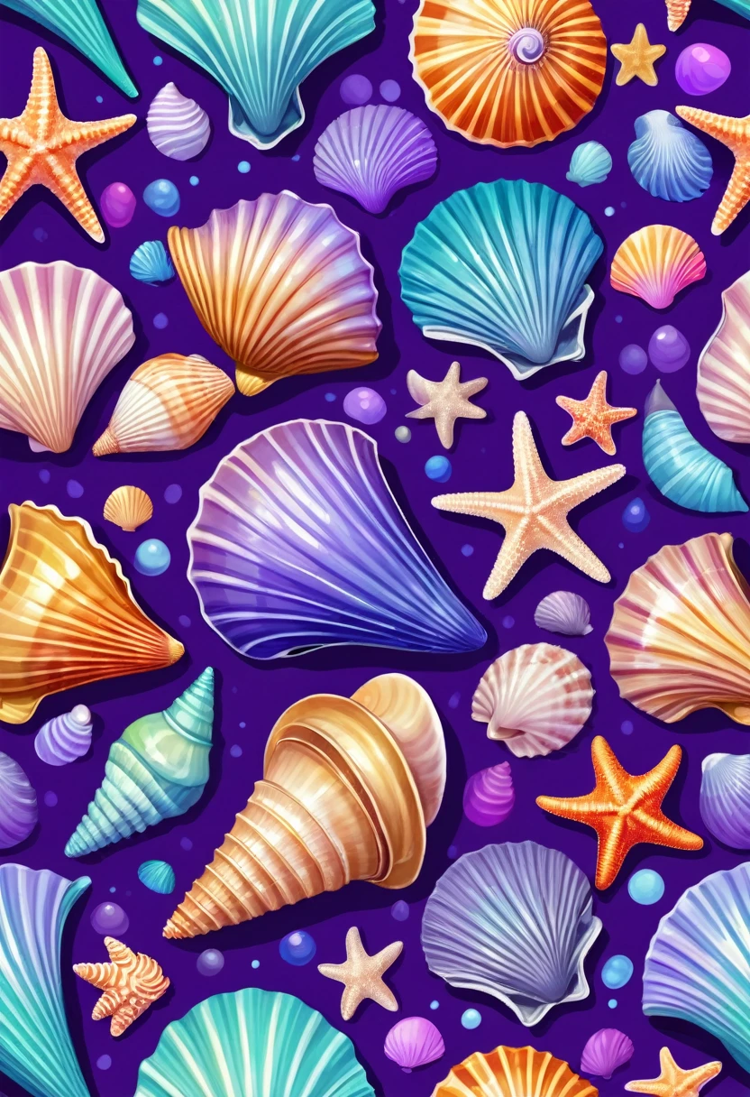 seamless pattern with sea shell and starfishs on a purple background, seashell, Summer color pattern, shell and barnacles, Ocean pattern, shell, conch shell, Seamless pattern design, wearing shell attire, Ultraviolet and neon colors, shell, rich and colorful illustration, shell, rich and colorful patterns, detailed, tropical sea creatures, ( rich and colorful )
